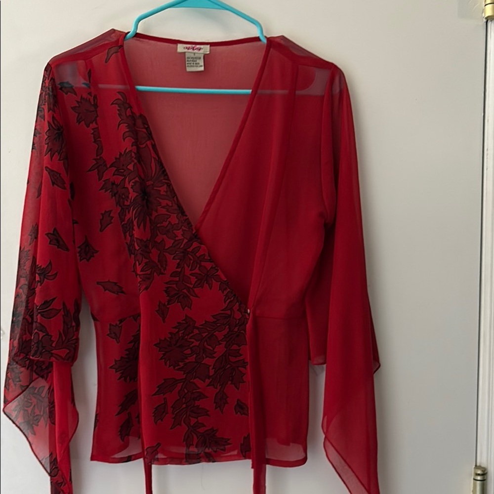 Elegant Red Wrap Blouse with Leaf Design